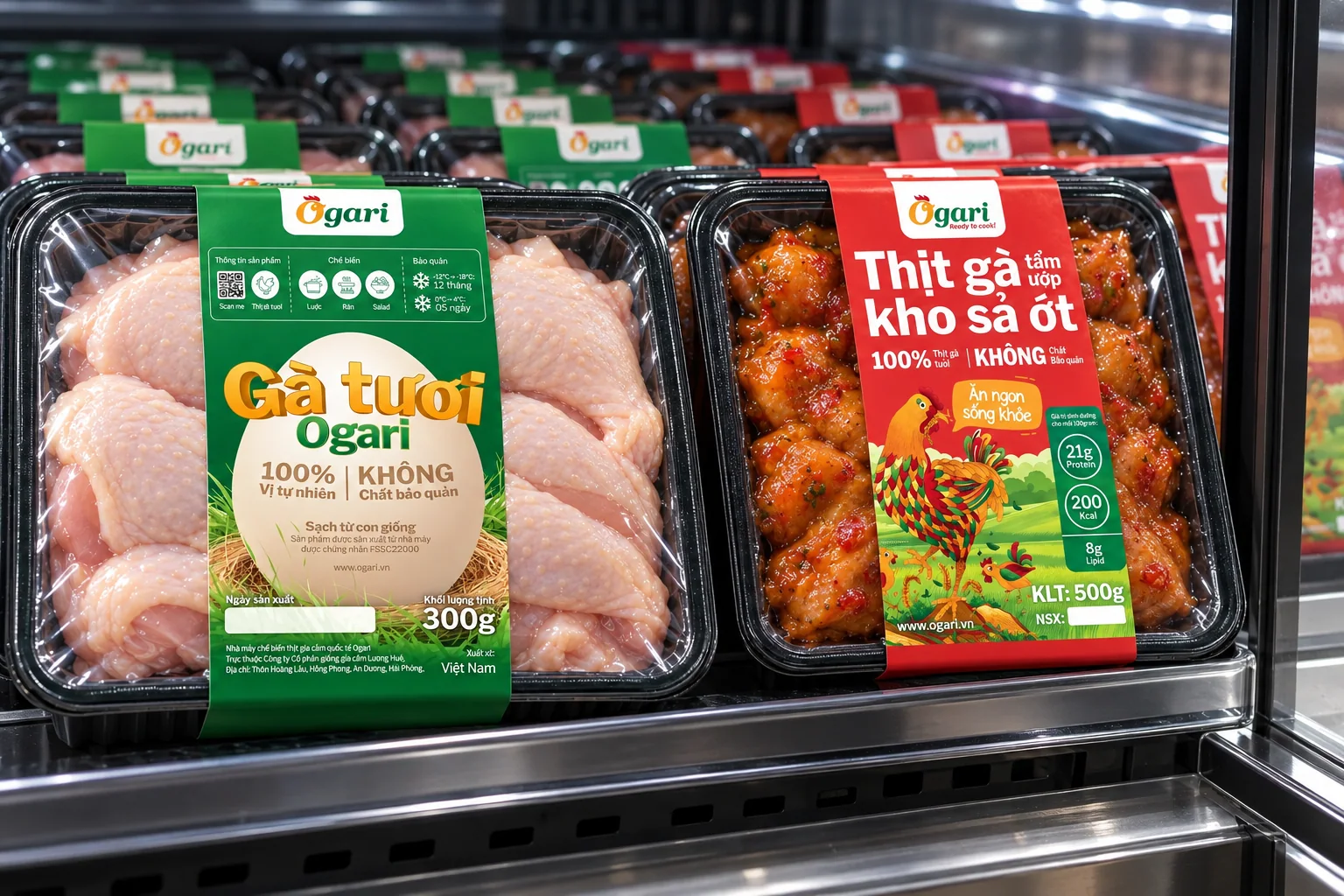 Ogari fresh and marinated chicken trays in a chilled display corner