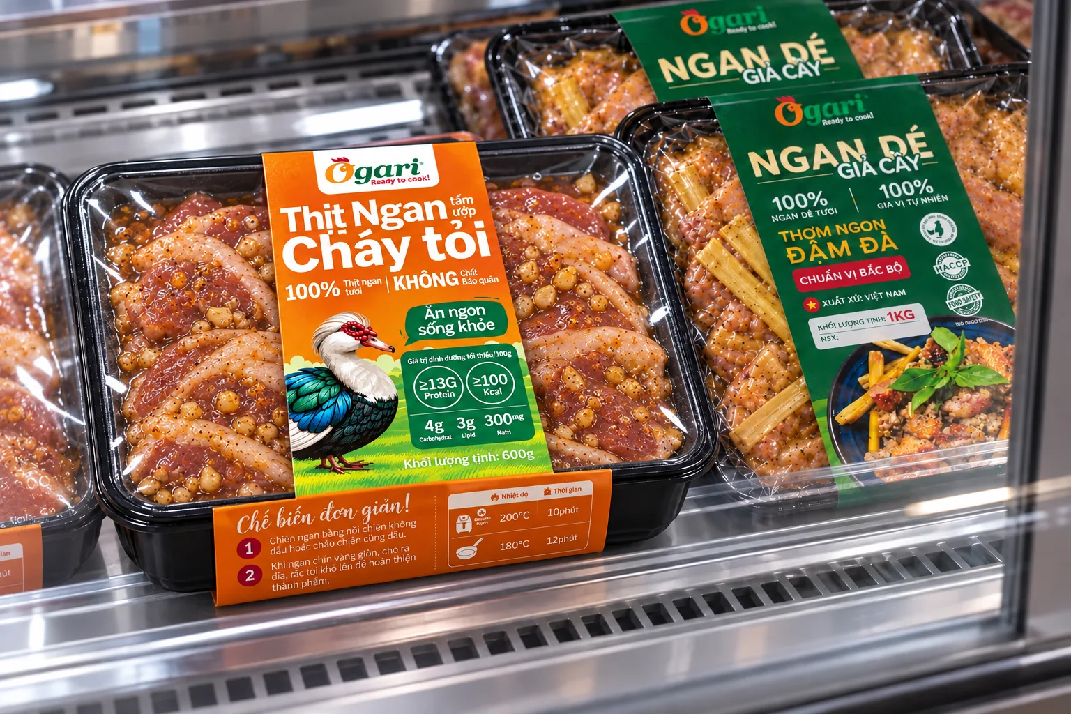 Ogari prepared Muscovy duck trays seen from the corner of a chilled display