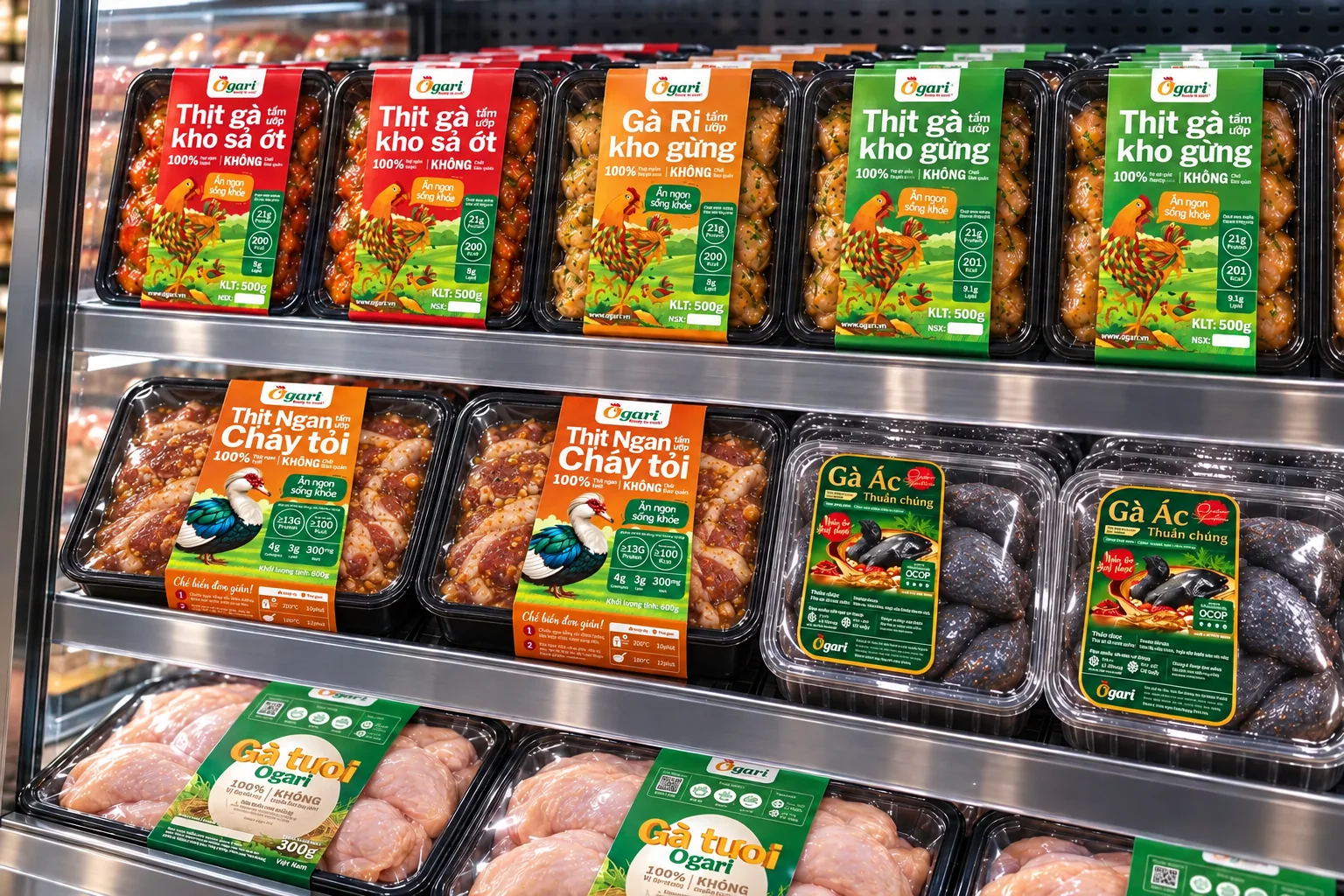 Concept view of Ogari poultry trays arranged in a supermarket chilled display