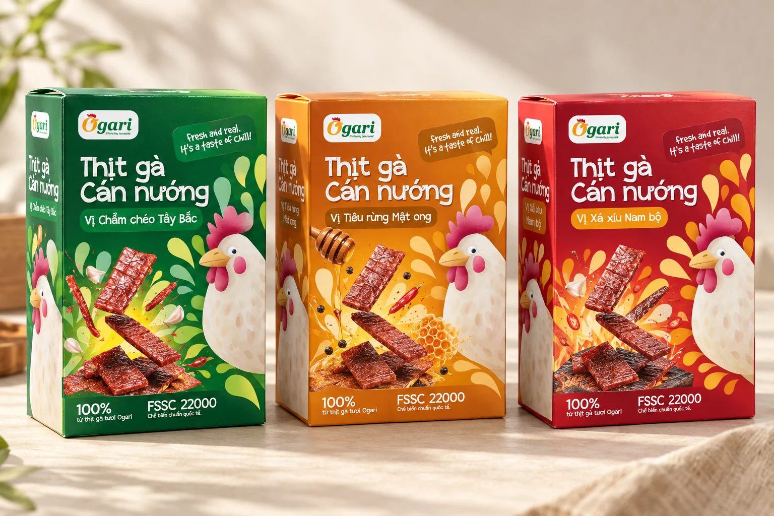 Ogari meat stick · three flavours packaging mockup