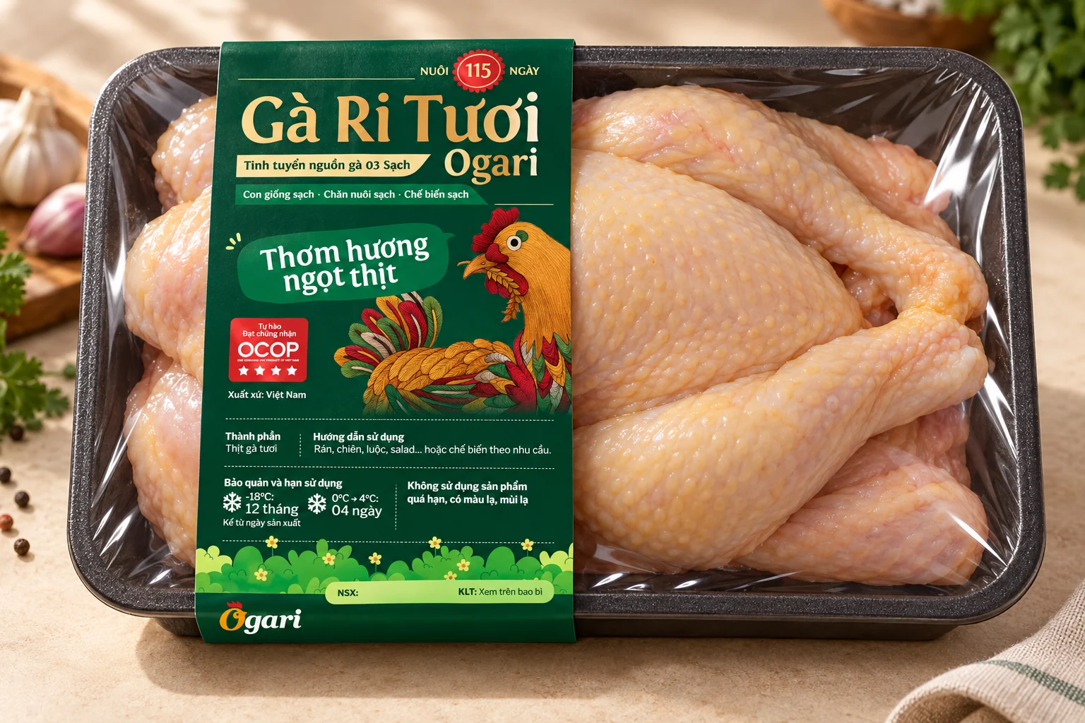 Ogari three clean chicken packaging mockup